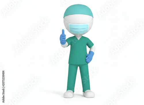 3D cartoon doctor in scrubs and mask giving a thumbs up.