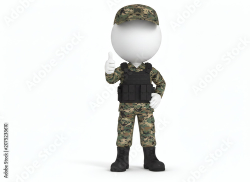 3D Rendered Soldier Character in Camouflage Uniform Giving Thumbs Up Gesture.