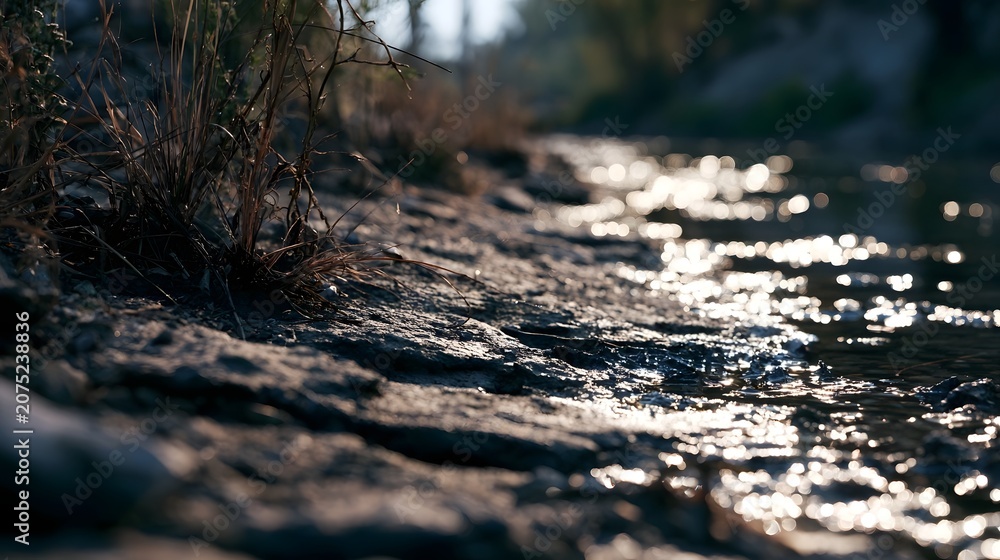 Fototapeta premium A close up view of a modern parched riverbed expanse featuring sparkling reflections and smooth gradients of natural organic shapes