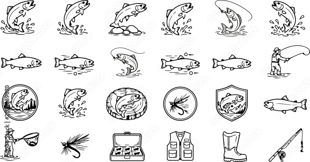 Obraz premium Trout Fishing Line Art Icon Collection with Fly Fishing Gear, Rainbow Trout and Angler Equipment