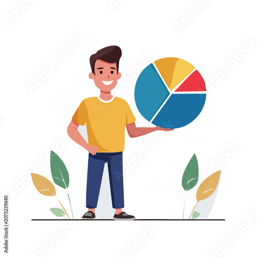 Man holding colorful pie chart, flat vector illustration
