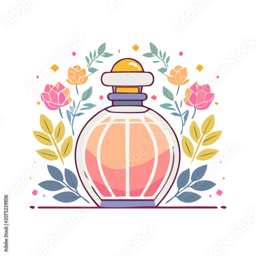 Perfume bottle with floral frame flat vector illustration