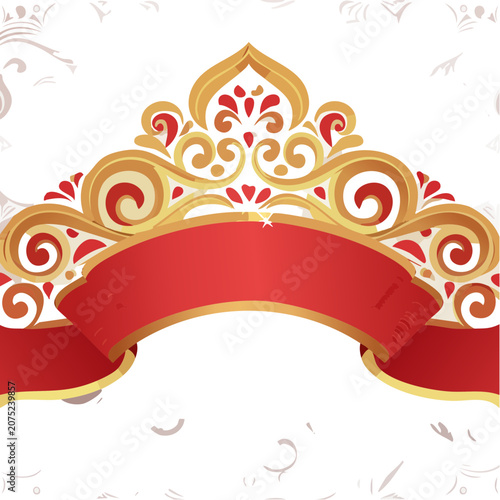 Ornate golden crown with red ribbon banner