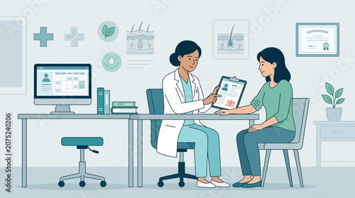 Doctor consulting patient, discussing medical results, skin health care