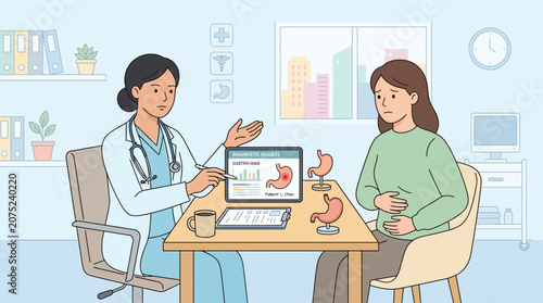 Doctor Consults Patient About Stomach Health with Anatomy Models