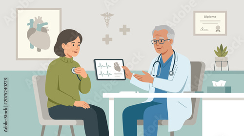 Doctor Consulting Patient About Heart Health on Tablet, Medical Check-up