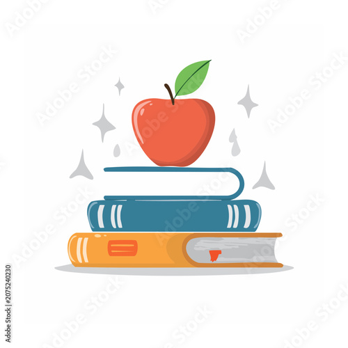 Apple on Stack of Books Flat Illustration
