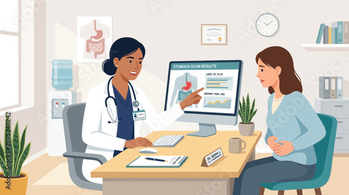 Doctor discusses stomach exam results with patient in clinic