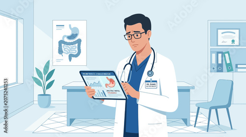 Doctor examines digital medical report on tablet in clinic office