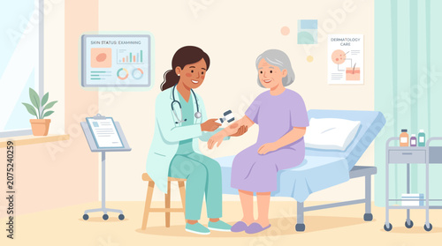 Doctor examines elderly patient's arm in clinic examination room