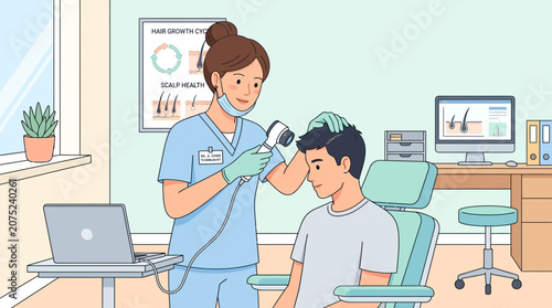 Doctor examines man's scalp for hair loss treatment in clinic
