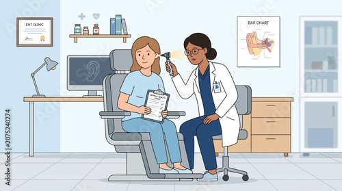 Doctor examines patient's ear with otoscope in medical office illustration