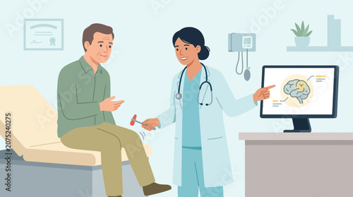Doctor examines patient's reflexes with a reflex hammer and computer scan
