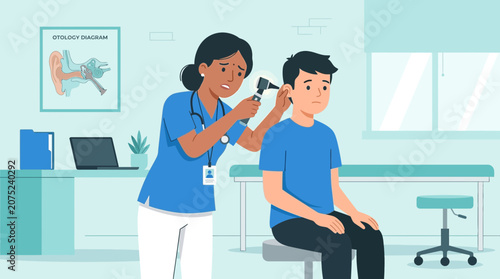 Doctor examining boy's ear with otoscope in clinic