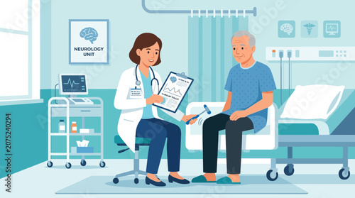 Doctor examining elderly patient with reflex hammer in neurology clinic