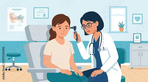 Doctor examining patient's ear with otoscope in clinic examination room