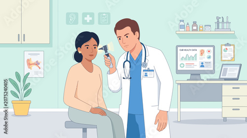 Doctor examining patient's ear with otoscope in clinic