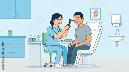 Doctor examining patient's ear with otoscope in clinic, medical checkup