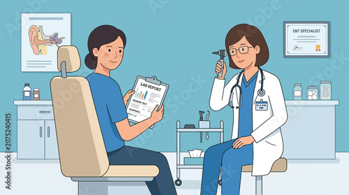 Doctor examining patient's ear with otoscope, medical consultation illustration