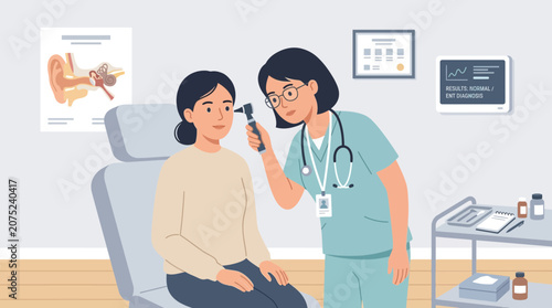 Doctor examining patient's ear with otoscope in medical office