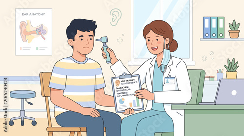 Doctor examining patient's ear with otoscope, medical consultation, healthcare concept