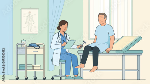 Doctor examining patient's knee reflex in medical office illustration