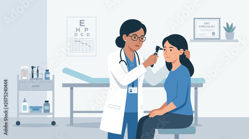 Doctor examining patient's eye with otoscope in clinic examination room