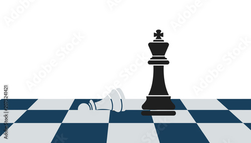 Black king chess piece standing tall over a fallen pawn on a checkered board representing victory and strategic dominance in a game.