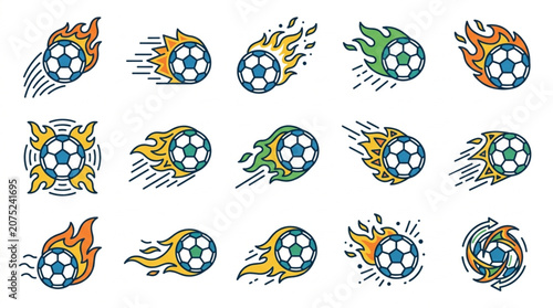 Photos Collection of Soccer Balls in Motion with Flames and Trails.