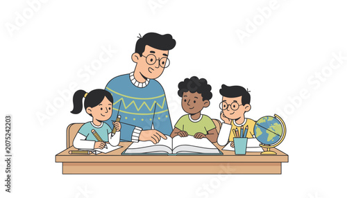 Teacher guiding children during a reading lesson in a classroom with a globe and books representing education and academic learning development progress.