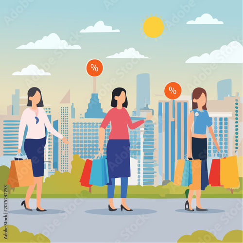 Women shopping in the city on a sunny day with discounts.