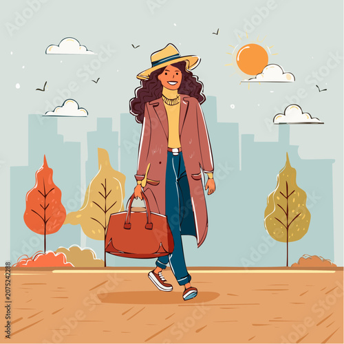 A woman walking in the city during autumn.