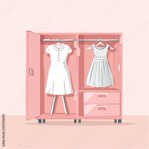 Two white dresses hanging in wardrobe.