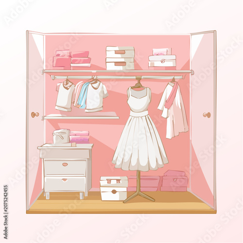 A pink closet with clothes and accessories.