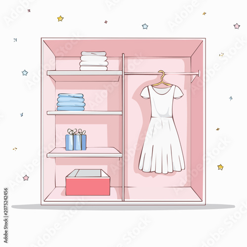 A pink closet with clothes and accessories.