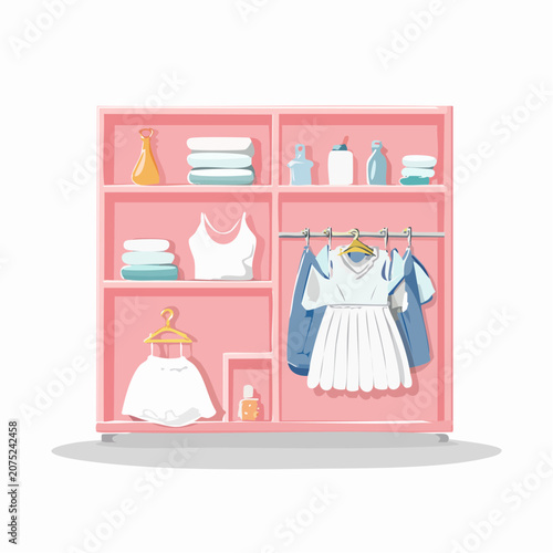 A pink wardrobe with clothes and accessories.