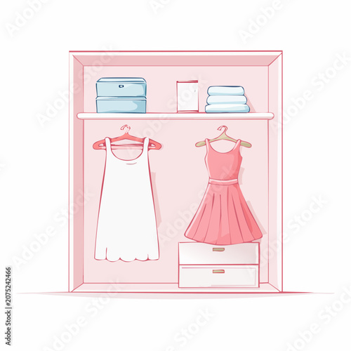 A pink wardrobe with clothes and luggage.