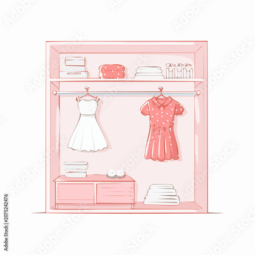 A pink closet with clothes and accessories.