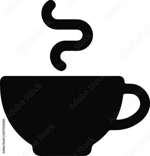 Black coffee cup icon, steaming hot beverage, simple silhouette, vector graphic