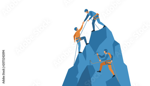 Professional rock climbers helping each other ascend a steep mountain peak representing teamwork and support in challenging business situations.