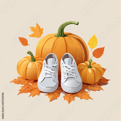 Autumn still life with sneakers and pumpkins.