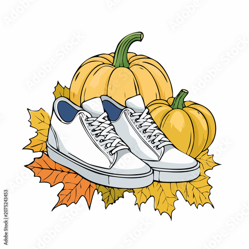 A pair of white sneakers next to pumpkins and fall leaves.