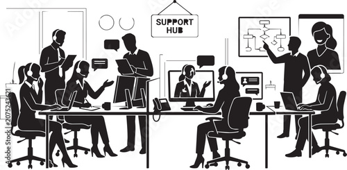 Tableau sur toile Customer service team collaborating in a modern support hub with diagrams and sc
