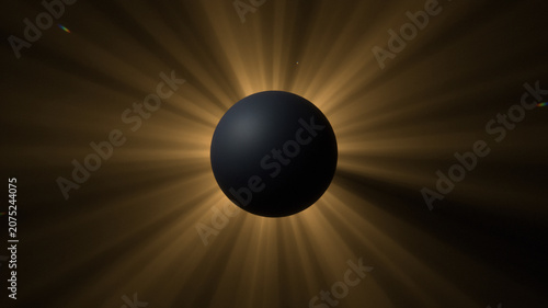 Eclipse of the Sun with Bright Rays Radiating in Dark Sky