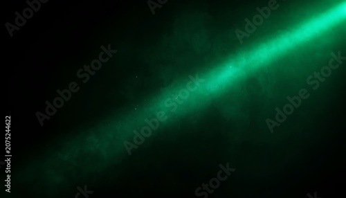 A vibrant emerald light beam slices through the mysterious dark, smoky atmosphere, creating a dramatic and ethereal pathway of illuminated particles, evoking a theatrical intensity