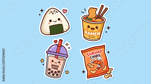 A colorful illustration of food items including ramen, chips, boba tea, and rice on a blue background.