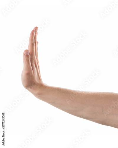 Adult man left hand stop gesture isolated on white