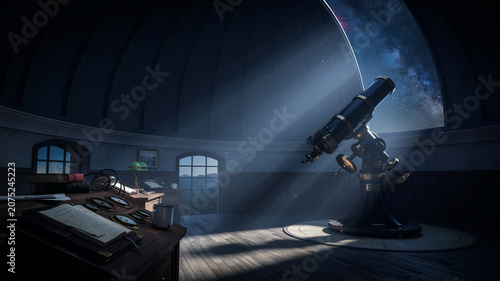 Aerial view of a telescope inside a dark observatory with sunlight streaming in
