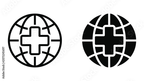 Professional medical world globe icons featuring central cross symbol for healthcare industry websites and global health initiatives in clean flat vector style suitable for digital UI interface design