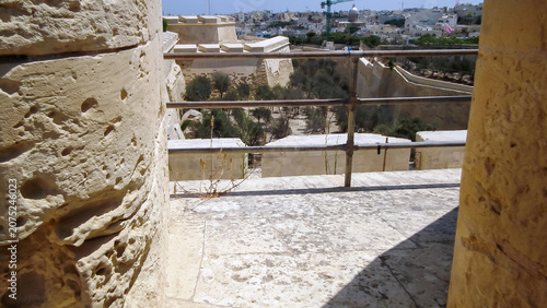 Protective fortress walls of St John Bastion fortress courtyard in Vittoriosa Birgu city in Malta.